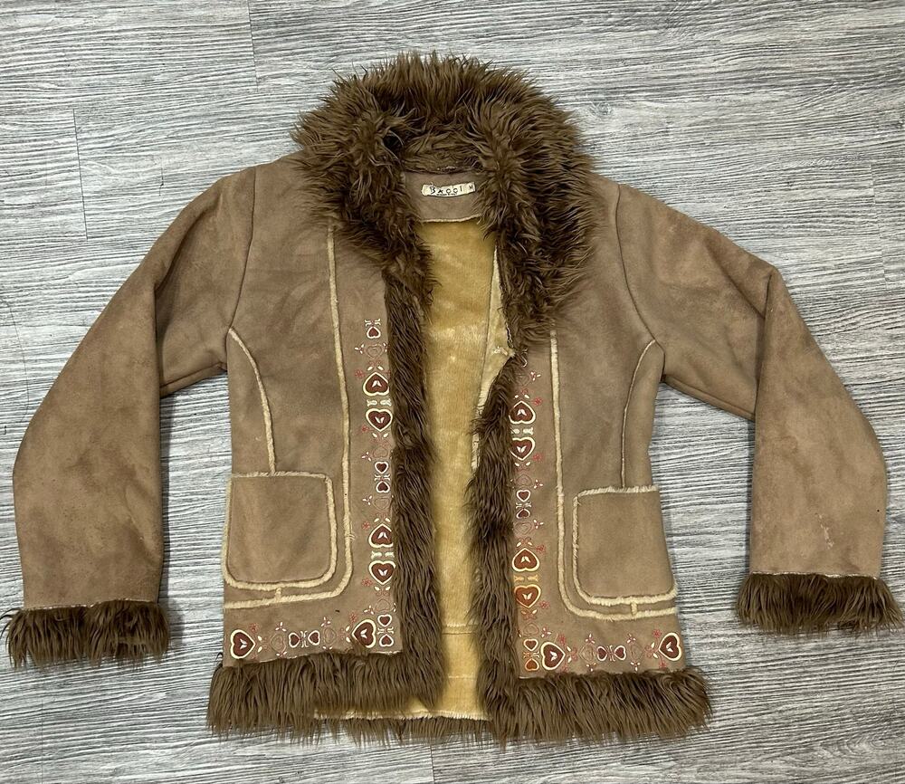 Vintage Bacci Italy Faux Suede Fur Trim Coat Jacket Medium Brown Embroidered Y2K